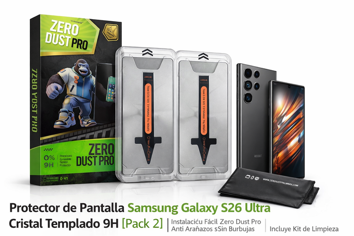 Protector de Pantalla Samsung Galaxy S26 Ultra Cristal Templado 9H [Pack 2] – Instalación Fácil Zero Dust Pro, Anti Arañazos, Anti-espía, Sin Burbujas – Incluye Kit de Limpieza