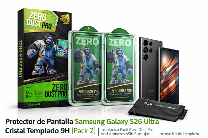 Protector de Pantalla Samsung Galaxy S26 Ultra Cristal Templado 9H [Pack 2] – Instalación Fácil Zero Dust Pro, Anti Arañazos, Alta Transparencia HD, Sin Burbujas – Incluye Kit de Limpieza