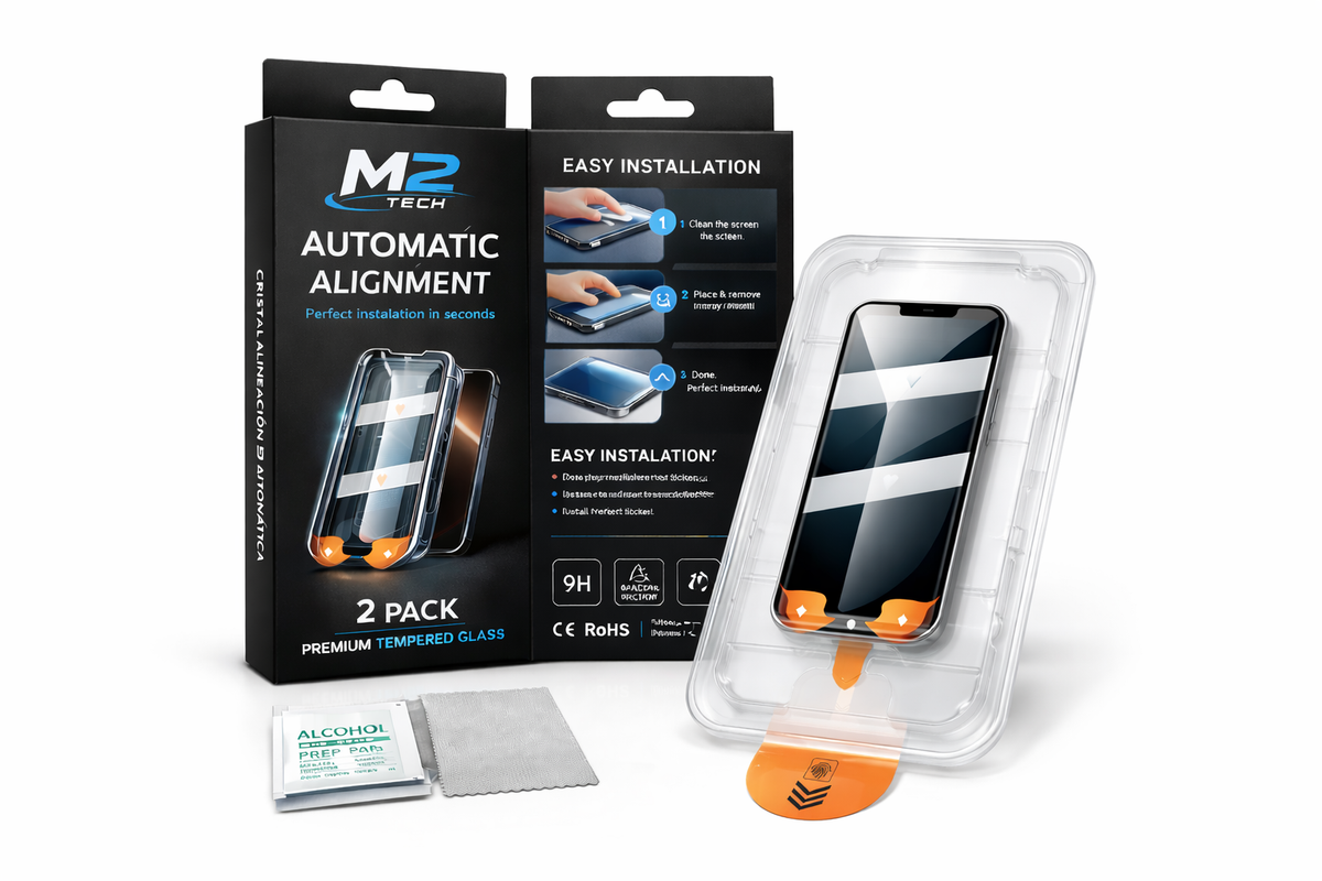2Tech Cristal Templado 9H Pack 2 con Marco de Alineación Automática iPhone 13, 13 PRO, 14 y 16e| Protector de Pantalla Antihuellas, Revestimiento Oleofóbico | Instalación Fácil, Sin Burbujas