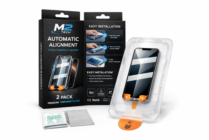 2Tech Cristal Templado 9H Pack 2 con Marco de Alineación Automática iPhone 13, 13 PRO, 14 y 16e| Protector de Pantalla Antihuellas, Revestimiento Oleofóbico | Instalación Fácil, Sin Burbujas